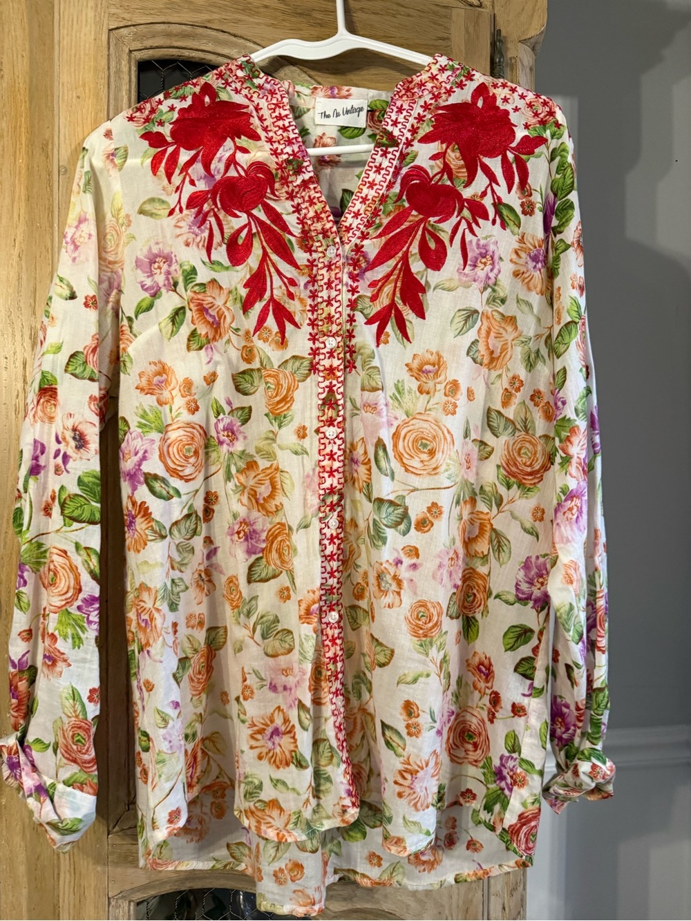 The Nu Vintage Floral Embroidered V-Neck Tunic - Red & Cream